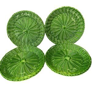 Vintage green wicker rattan basket charger plates lot of 4 plates 10.5"